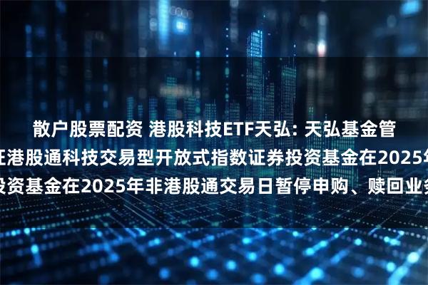 散户股票配资 港股科技ETF天弘: 天弘基金管理有限公司关于天弘国证港股通科技交易型开放式指数证券投资基金在2025年非港股通交易日暂停申购、赎回业务的公告